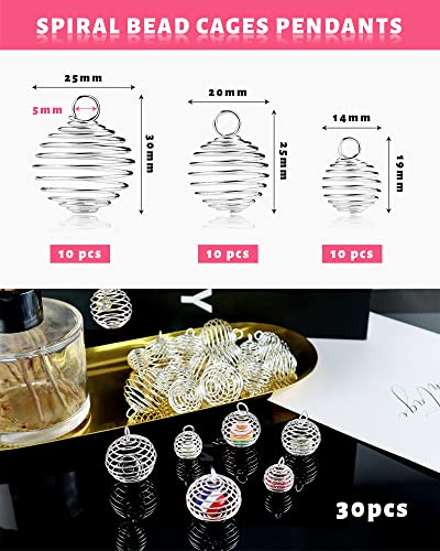 JIALEEY Spiral Bead Cages Pendants, 30 PCs 3 Sizes Silver Plated Stone Holder Necklace Cage Pendants Findings for Jewelry Making and Crafting