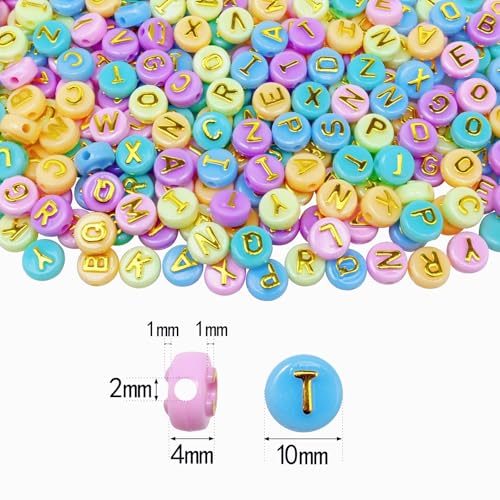 Amaney 500pcs Big Letter Beads Colorful Macaroon10x6mm Gold Letter Round Flat Beads for DIY Bracelet Making - color: BigMacaroon