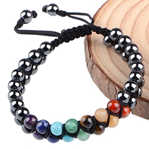 MASSIVE BEADS Double Layer Natural Chakra Healing Power Crystals Macrame Bracelet Yoga Stone Beads Gemstone Meditation Relax Anxiety Bangle for Unisex Women Men - color: 7-Chakras&Hematite, size: 4mm