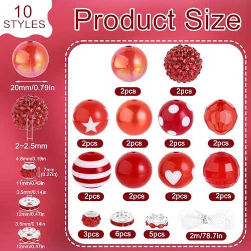 35 Pcs Chunky Bubblegum Beads 20mm Focal Pen Large Rhinestone Pearl Bead with Rhinestone Large Hole European Spacer Bead for DIY Beadable Pen School Jewelry Making Keychain Craft Making(Red) - color: Red