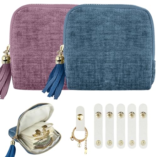 2 Pcs Small Travel Jewelry Case, Portable Soft Jewelry Bags with 6 Compartments Pocket, Organizer Pouch with 6 Anti-Tangle Necklace Organizer for Women Necklace Bracelet Rings Earring Storage - color: Purple& Blue