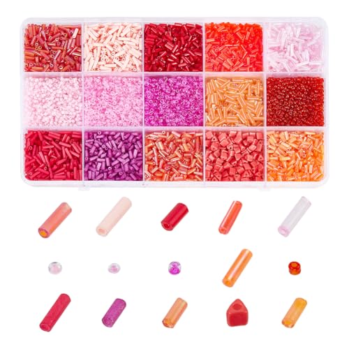 About 8218 Pcs Red Series Glass Bugle Seed Beads, Mixed Styles Long Tube Round Seed Beads Loose Spacer Bead Bulk for DIY Crafting Jewelry Making - color: Red Series