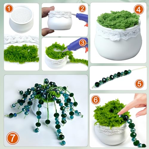 1189pcs Glass Bead Plant Kit, Green Beads with Pot for Plant Making, Nature Crystal Faceted and Bugle Beads Bulk Kit for Craft DIY Charms Wind Chimes