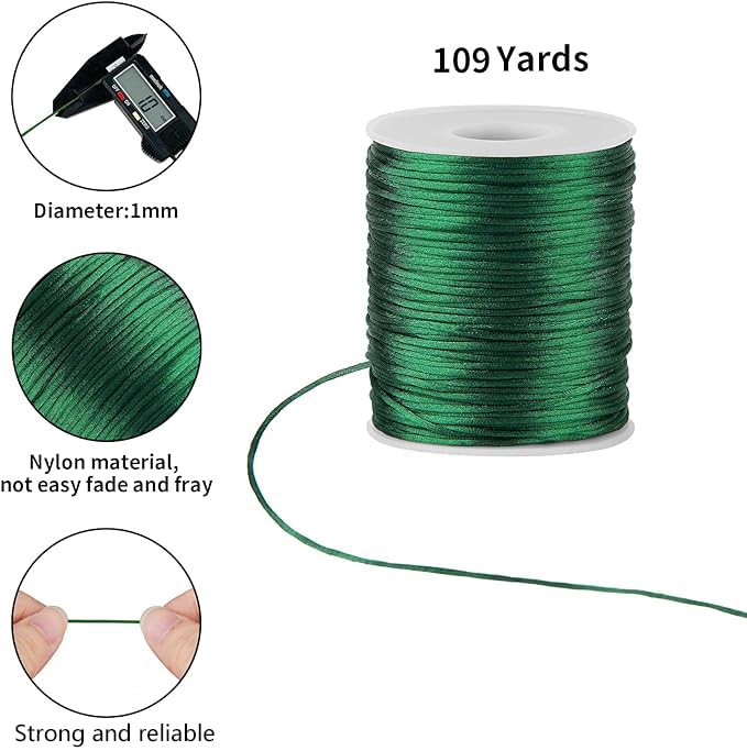 Green Nylon String Cord - 1MM 100 Yards Braided Nylon Bracelet Twine Thread for Bracelet Making, Green Rope Christmas Ornament String for Crafts, Necklace Jewelry Thread for Macrame Satin Cord - style: Green
