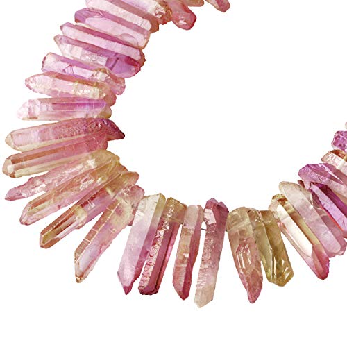 rockcloud Natural Rock Crystal Points Titanium Coated Clear Quartz Sticks Spikes Top Drilled 15 inch Strand,Pink&Orange - color: #21-Pink&Orange