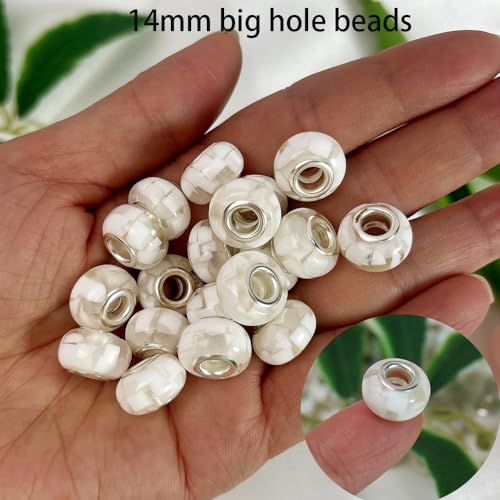 White Shell European Craft Beads for Jewelry Making Large Hole Beads for Pen 140pcs 14mm Rondelle Slide Charm Beads, Big Hole Space Resin Beads for DIY Bracelet Charms (PT400) - color: PT400 Shell White