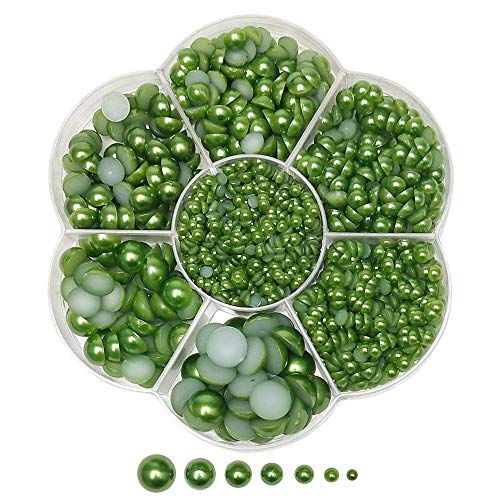 Chenkou Craft 1900pcs Assorted 7 Sizes(3/4/5/6/7/8/10mm) Olive Green Imitation Half Pearl Bead Flat Back Gem Scrapbook Craft DIY Loose Beads + Plastic Box (Olive Green) - color: Olive green