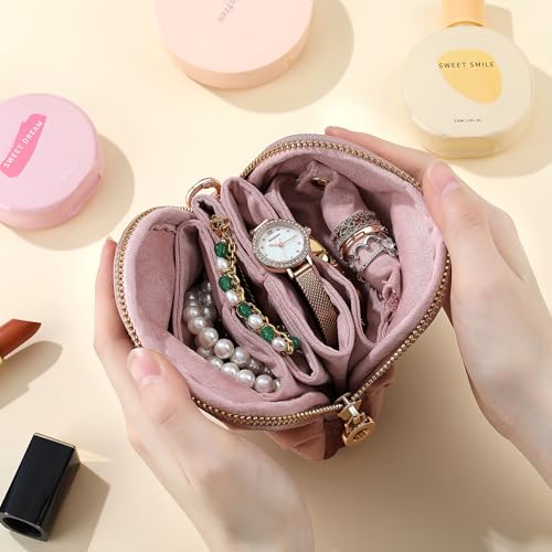 Velvet Travel Jewelry Pouch, 2-in-1 Clamshell Case with Detachable Insert, Portable Travel Jewelry Organizer with Wrist Strap, Converts to Mini Coin Purse, Gift for Women & Girls (Dusty Pink) - color: Dusty Pink