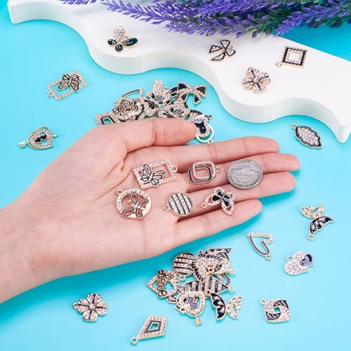 Craftdady Crystal Rhinestone Pendants Butterfly Heart Rhombus Bowknot Earring Charms Alloy Enamel Metal Pendants Light Gold Bracelet Charms for DIY Craft Necklace Jewelry Making - color: Black 23 Style