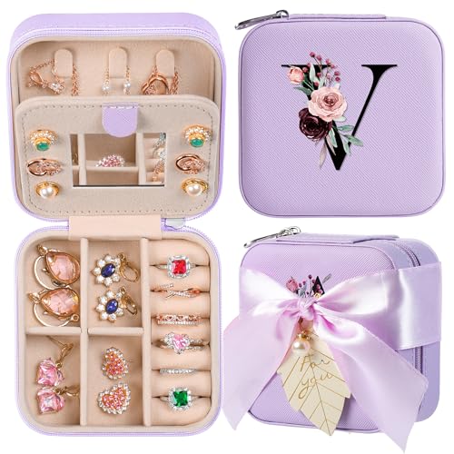 AYGXU Travel Jewelry Box for Women and Girls - Small Case With Initial A-Z - Teacher Gifts - color: purple, size: V