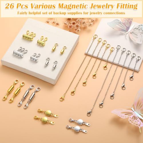 ROADPLUM 26 Pcs Magnetic Necklace Extender, 5 Style Strong Magnetic Jewelry Clasps and Necklace Layering Clasps with Chain Extenders for Women Necklaces Bracelet, Gold and Silver - size: 26 Pcs