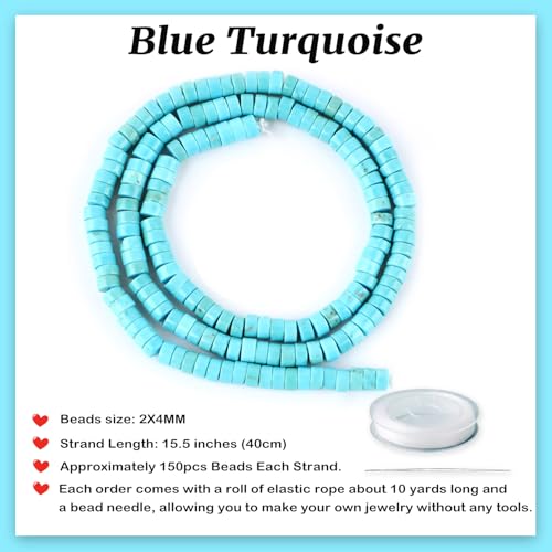 Natural Blue Turquoise Heishi Spacer Beads Loose Semi Precious Flat Round Gemstone Disc Shape Stone for Beading Jewelry Making 4x2mm 15.5" - color: Blue Turquoise