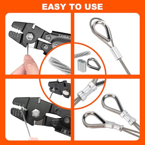 Sanuke Wire Rope Crimping Tool for 3/64 1/16 5/64 inch Aluminum Crimping Loop Sleeves Kit with 160pcs Aluminum Crimping Loop Sleeve and 10pcs Stainless Steel Thimble