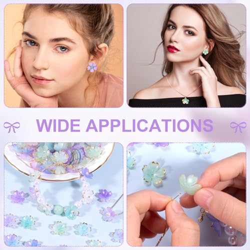100pcs Cherry Blossom Beads, 5-Petal Gradient Acrylic Flower Beads, Mini Spacer Hair Accessories Halloween Christmas for Bracelets Earring Jewelry Making- Purple1 & Green - color: Purple1 & Green