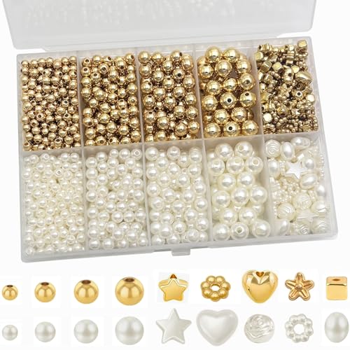 Round Spacer Beads Set for Bracelets, ABS Plastic Gold and Pearl Beads 4/5/6/8mm 4 Size Smooth Ball Bead for Jewelry Making Metal Circle Bead for Bracelet Necklace Earring Making (Golden+Pearl) - color: Golden+Pearl