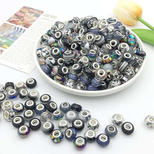 20pcs/Set Random Mixed Color European Style Acrylic Large Hole Beads Bracelet Spacer Beads for Bracelet Necklace Beading Handmade Accessories(SN345-Black)