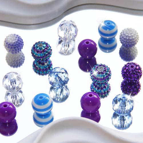 48 Pcs 20mm Beads for Pens Rhinestone Bubblegum Beads Blue Purple Crystal Acrylic Round Chunky Bead Sparkly Craft Large Balls Bead for Pen Beadable Keychain Bracelet DIY Jewelry Making Supplies - color: Light Blue