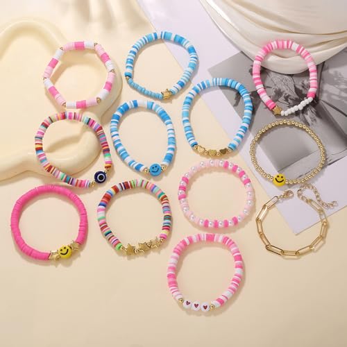 Friendship Bracelets Boho Stackable Bracelets for Women Surfer Heishi Clay Bead Bracelets Stretch Preppy Bracelets Colorful Boho Bracelets for Women - color: 13pcs Blue Pink