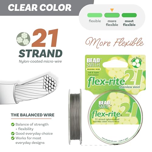 The Beadsmith Flex-Rite Beading Wire - 21-Strand Nylon-Coated Stainless-Steel Wire, 0.014" (0.35 mm) Dia, Clear, 100 ft Spool, Durable Necklace & Bracelet String, for Jewelry Making Supplies - size: .014” Dia - 100 ft