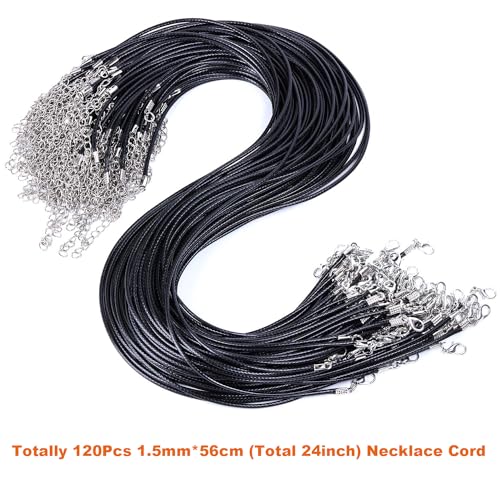 EuTengHao 120Pcs Necklace Cord Bulk, Black Waxed Necklace Cord String for Jewelry Necklace Bracelet Making (24 inch Length,1.5mm Width)