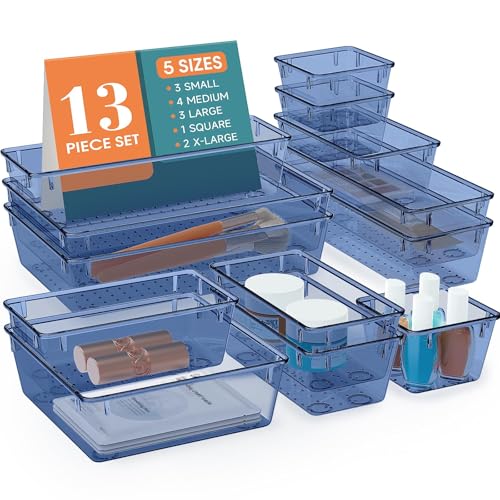 StorMiracle 13 PCS Drawer Organizer Set, 5 Varied Size Bathroom and kitchen Drawer cabinet organizer Trays, Clear Storage Bins for Makeup, Jewelry, Utensils and Gadgets, Dark Blue - color: Dark Blue, size: 13 PCS