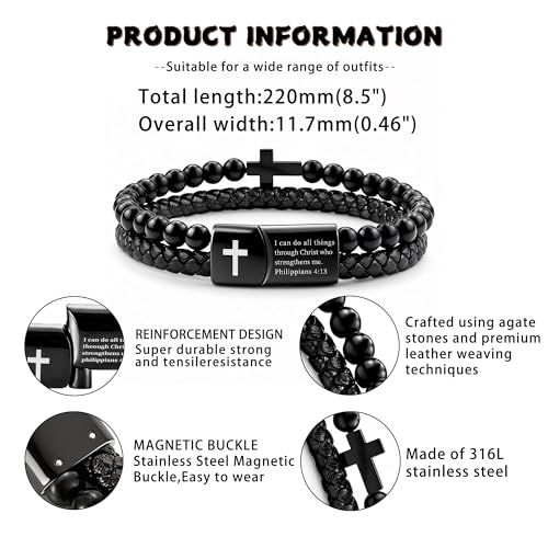 Mens Bracelet Fathers Gifts Day Black Braided Leather Stainless Steel Cross Jewelry Charming Bracelet Embedded with Black Agate Beads,Perfect for Wedding, Parties, and Everyday,Bible Verse Christian Religious Gift(7.5/8.5/9 Inch) - color: C+black+9