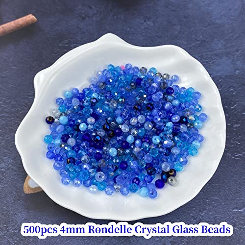 500pcs Crystal Glass Beads 4mm Faceted Rondelle Glass Spacer Beads with Hole for Bracelets Necklace Earring DIY Jewelry Making Craft(Blue Series) - color: Blue Series, size: 4mm