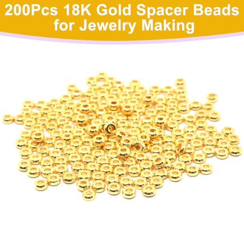 200Pcs 3mm Gold Flat Spacer Beads 18K Gold Plated Loose Beads for Jewelry Making DIY Bracelet Necklace Earring - size: 3mm