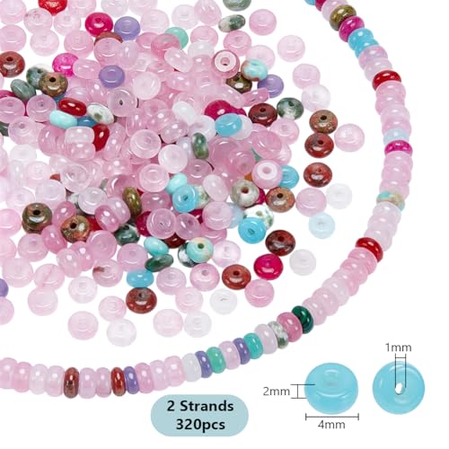 PH PandaHall 320PCs Rondelle Beads Gemstone Loose Spacer 2 Strands Abacus Disk Beads 4mm Mix Color Rondelle Stone Bead for DIY Bracelet Necklace Earrings Jewelry Making Crafting, Hole: 1mm