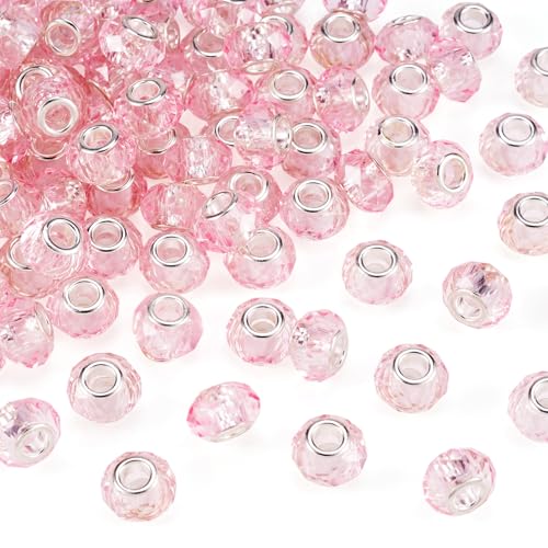 100pcs 14mm Large Hole Faceted Glass Crystal Pink European Crystal Spacer Beads for Valentine's Day Jewelry Making - color: Pink