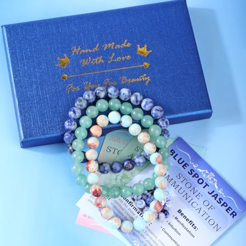 2/3-Pieces 4mm 6mm 8mm Natural Crystal Gemstone – Handmade Reiki Energy Healing Stretch Bracelets Jewelry for Yoga, Meditation, Unisex - color: 3 Pieces (AgalmatoliteJasper&BlueSpot&GreenAventurine), size: 8mm