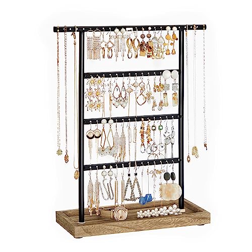 SONGMICS Jewelry Organizer, 4-Tier Earring Holder Organizer Stand with Base Tray, for Studs and Necklaces, Vintage, Wood Color and Black UJJS019B01 - color: Wood Color + Black, size: 1 Pack