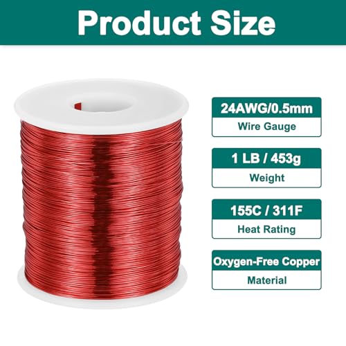 MECCANIXITY 24 AWG Magnet Wire, 24 Gauge Enameled Copper Wire, 1 Lb Magnetic Coil Wire for Transformer, Motor, Electric, 155C(311F) - size: 24 AWG
