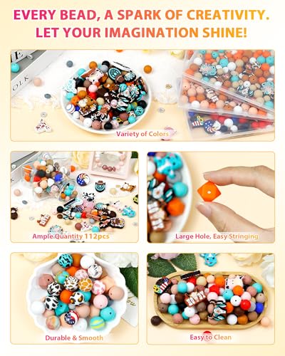 112PCS FIVEIZERO 12mm 15mm Cow Focal Silicone Beads for Keychain Making, Round, Lentil, Hexagonal, Print, 10mm Rhinestone Rondelle Spacers Beads for Bracelet, Pens, Necklace Crafts(Pink Brown) - color: Pink+Brown