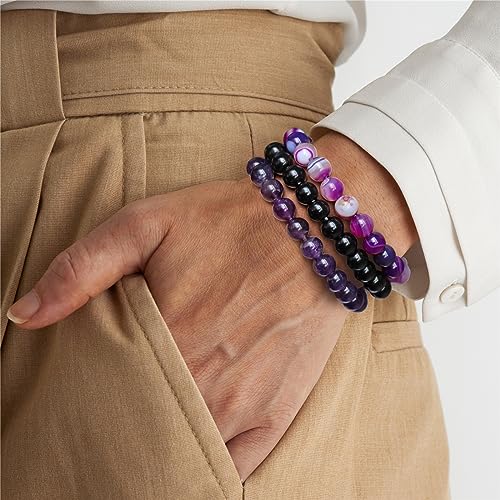 3 PCS Healing Crystal Bracelets for Women 8mm Natural Stone Beaded Stretch Bracelet Amethyst Jewelry Gifts - color: 09 8mm Amethyst & Purple Agate