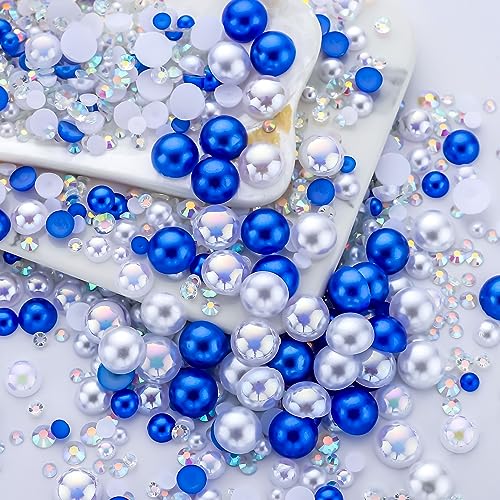 60g Blue White Pearls Rhinestones for Crafts Mixed Size 3mm-10mm AB Color Round Half Pearls Flatback Pearl Beads and Resin Rhinestones Set for Face Art with Gel - color: Blue-White Series, size: 60g