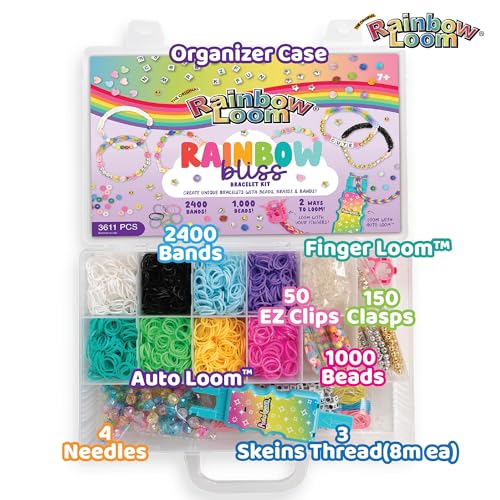 Rainbow Loom: 2,400 Bands & 1,000 Beads AutoLoom Rainbow Bliss Kit with AutoLoom & Finger Loom – DIY Braid & Bead Bracelet Jewelry Making Set for Kids 7+