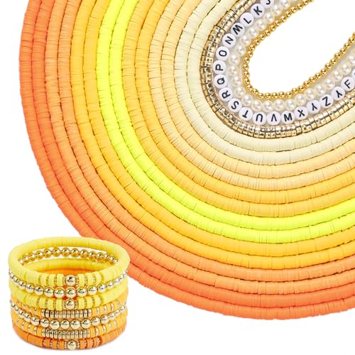 JMUQ 14 Strands Yellow Clay Beads Bracelet Making Kit, 5500 Flat Polymer Clay Heishi Beads for Friendship Bracelets Jewelry Making Kit with Letter Pearl Gold Spacer Beads for Women - color: yellow