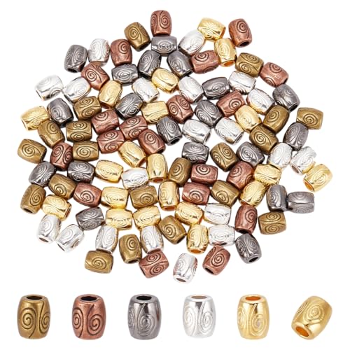 CRAFTYMELODY 100Pcs 5 Colors Tibetan Style Metal Beads 7mm Long Large Hole Barrel Spacer Beads Loose Connector Charm Beads for DIY Bracelet Necklace Earrings Jewelry Making Supplies