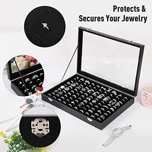 100 Slots Ring Case Organizer Display Box,Rings Holder Storage Boxes for Jewelry Showcase with Glass Lid (Black Velvet).