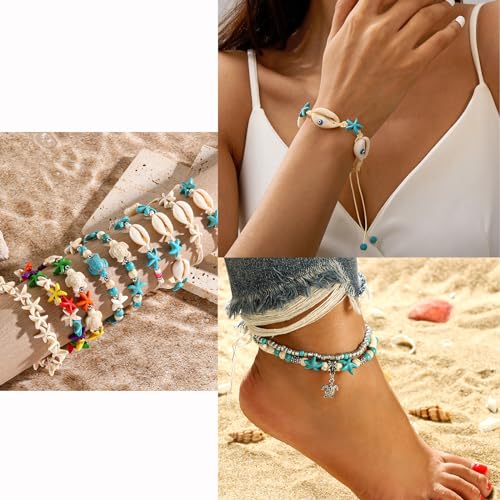 344Pcs Turquoise Sea Turtle Beads Blue and White Starfish Beads Tortoise Turtle Charms Summer Beach Animal Spacer Bead Shell Bead for Jewelry Making DIY Bracelet Necklace (8 Strings) - color: Blue and White