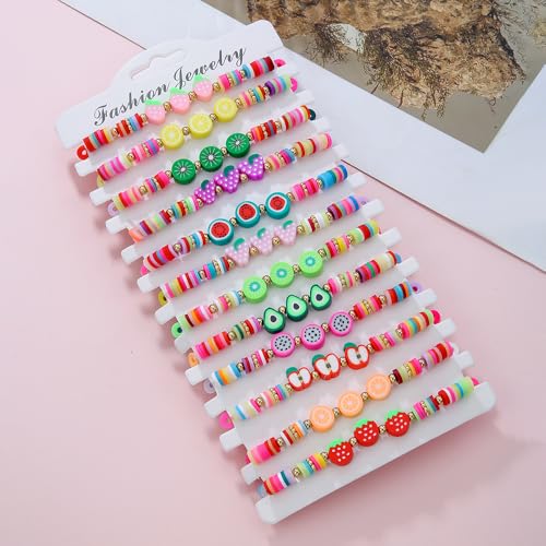Friendship Bracelets Boho Stackable Bracelets for Women Surfer Heishi Clay Bead Bracelets Stretch Preppy Bracelets Colorful Boho Bracelets for Women - color: 12PCS FRUIT