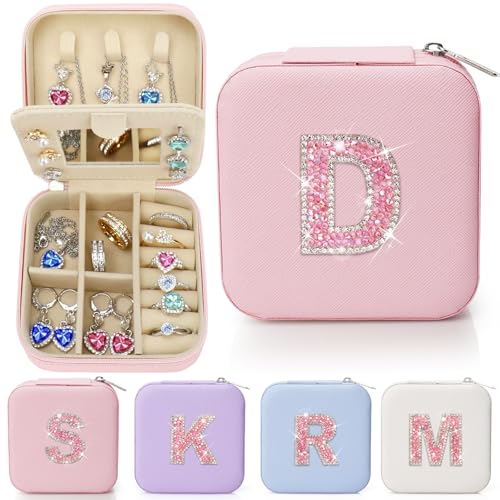 Sparkling Initial Jewelry Box Organizer,Personalized Travel Jewelry Box for Girls & Women,Glitter Rhinestone Jewelry Case Gifts for Easter, Birthday & Christmas,Small Size (Pink, D) - color: Pink, size: D