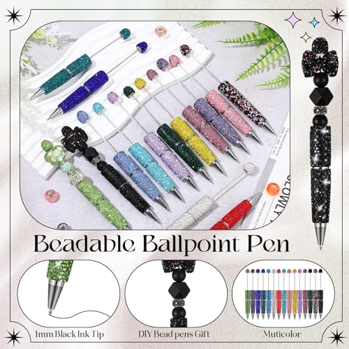 Tondiamo 45 Pcs Full Rhinestone Beadable Pens Bulk Set 15 Glitter Diamond Pens with Cards & Bags Fancy Beaded Pen for Beads DIY Cute Journalling Bling Ballpoint Craft Making(Full Diamond) - style: Full Diamond