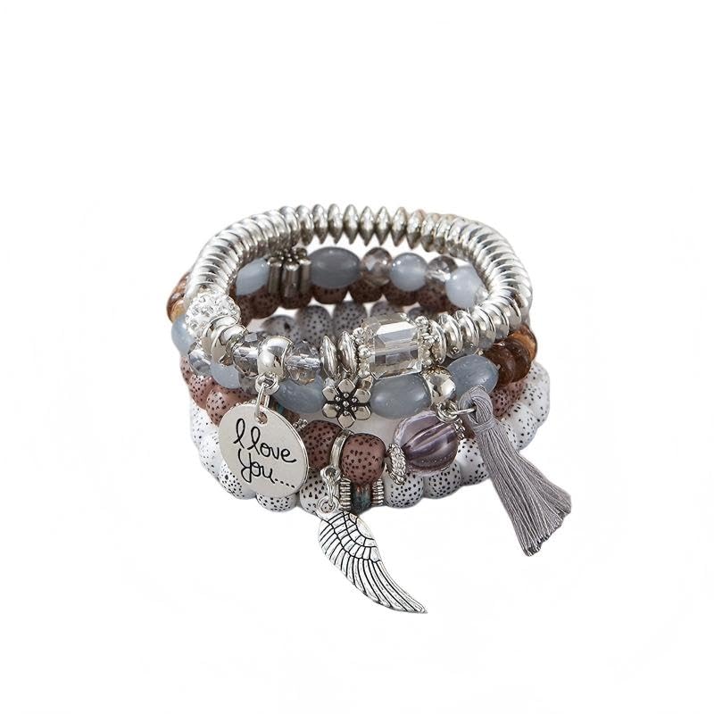 Bohemian Multilayer Beaded Bracelet Set, Colorful Stacked Stretch Bracelets with Tassel and Wing Charm - color: xhy021-6