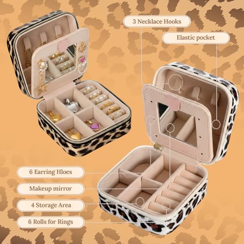 Nosiny 2 Pack Mother's Day Travel Jewelry Box with Mirror Small Laser Jewelry Case Organizer for Women Gift Rings Earrings(Leopard Print) - color: Leopard Print