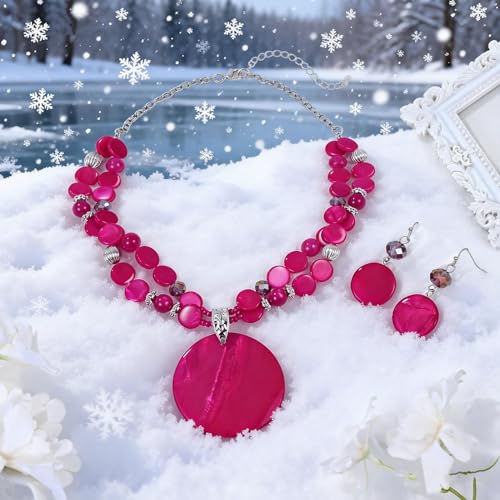 Layered Beads Statement Fashion Necklace Chunky Jewelry Set Big Colorful Glass Stone Circle Shell Pendant Choker Necklace and Earring Set for Women - color: fuchsia pink