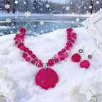 Layered Beads Statement Fashion Necklace Chunky Jewelry Set Big Colorful Glass Stone Circle Shell Pendant Choker Necklace and Earring Set for Women - color: fuchsia pink