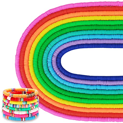 MIIIM 3600 PCS 10 Strands Clay Beads Polymer Clay Beads for Jewelry Making, Vinyl Heishi Beads 6mm for Surfer Bracelets Necklace Making (Rainbow) - color: Rainbow