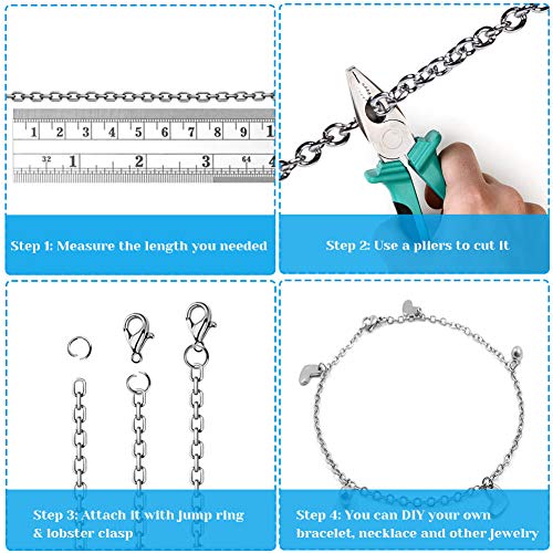 50 Feet Stainless Steel Chains for Jewelry Making, Anezus Jewelry Chain Bulk Small Metal Chains with 100 Jump Rings 30 Lobster Clasps for Necklace Making Bracelet DIY - size: 2mm
